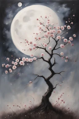 Acrylic painting of a slender cherry tree in bloom painted in isolation, with a lush crown of flowers, flower petals like fine splatters falling on the ground, moon light shining above it, night sky background, muted colours, fine details, dream like, atmospheric, highly detailed tree