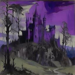 A purple haunted castle near a graveyard painted by Raymond Duchamp-Villon