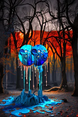 A melting plastic trees in the wood with melting moon