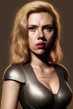 full body, Scarlett Johansson identify face, leather armour , big busty , pintura, ,details,texture,8k quality, florest, Minimalism, Romanticism, Expressionism, Impressionism