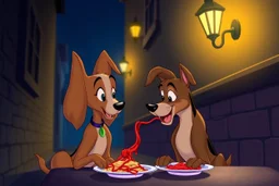 iconic Lady and the Tramp cartoon, lady dog and male dog eating spaghetti in an alleyway under a streetlight, cartoon, romantic