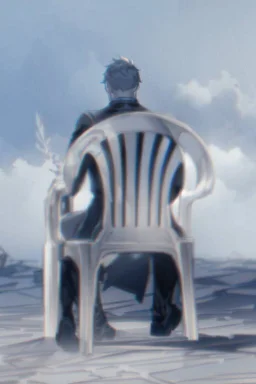 male character sitting on a plastic chair seen from behind, line arts, greyscale