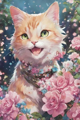 high resolution,best quality anime, highres,Full Body, 8k character concept,8k, pixiv, illustration, ultra-detailed, face focus,Line Art,Ink,acrylic painting,pastel painting,mysterious,elaborate,dof,Laughing cat with a bouquet of flowers,confetti of flowers, kawaii, thick eyebrows, smile, pastel colors, pop art, anime style, very delicate brushwork, clear, vivid, face Clear