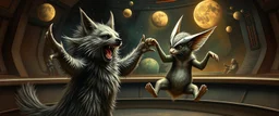 fluffy mean wolf alien gremlin dog bison badger star ship bridge captain dancing in the style of Rembrandt and Escher and Dali