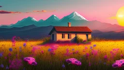 Поле усеянное цветами, закат, где то вдалеке можно увидеть гору, посреди поля стоит маленький дом.