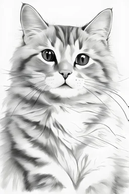 Draw a simple yet charming portrait of a cat in black and white . Place the cat on a white background to ensure clarity. simplified to make it easier for children to paint.