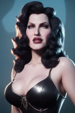 Rita Hayworth as evil queen in black leather, busty, cleavage, curvy, angry, stern look. character design by cory loftis, fenghua zhong, ryohei hase, ismail inceoglu and ruan jia. unreal engine 5, artistic lighting, highly detailed, photorealistic, fantasy