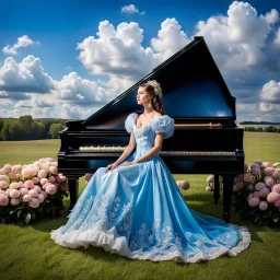 fullbody girl makeup wearing a victorian dress sitting to a grand piano in country side ,flowers ,pretty clouds in blue sky