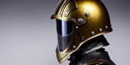 apocalypse, chaotic, magnificent, realistic, colorful, massive, epic, ray tracing, cinematic, 8k, HD, Ultra High Definition, photo film, film grain, hyper-detailed, old tarnished ornate rusty Hyper detailed Gold Gothic Medieval Knight helmet with glass visor covering face and matching whole body suit of armor, realistic proportions, no face, prison in background