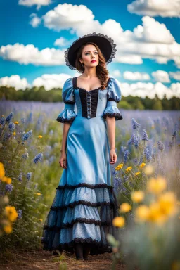 fullbody girl makeup wearing a victorian dress walking in country side ,flowers ,pretty clouds in blue sky