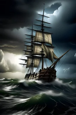 un grand bateau à voille ancien de pirates qui vogue sur un océan déchainée avec des vagues de 15 mètres de hauteurs avec un ciel très nuageux gris foncé, avec 4 très grosse éclairs épaisses. Plusieurs marins sont sur le bateau en train de le manœuvrer.
