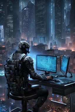 cyberpunk programmer black_Cat_Typing_on_computer_background binary codes, surrounded_by_mindent_3D_binary matrix codes and neutron mesh_etheral, Paranoid_sci-fi_in background_a_tall_cyberpunk_city, the cat-man watchings monitor, Hyperrealistic texture, high detail, Sinister, cold dynamic lighting, dark-neon colors, Ultra_HD_intense_focus