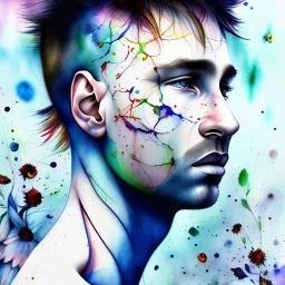 Lionel Messi face, watercolor illustration by <agnes cecile> butterflies everywhere, plants, wildflower,