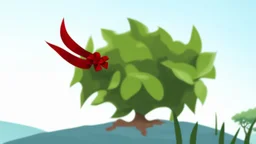 fantasy cartoon illustration: a shrub on a hill, there is a red ribbon on the shrub