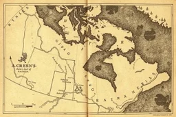 a scan of an ancient Cree Anishinaabe land map, printed black and white but has since been stained and weathered