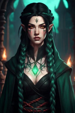 Beautiful young Hexblood warlock female character. Long straight jet-black hair to the waist. Half-up hairstyle with two loose Dutch braids on each side. Bright glowing pale emerald-red eyes. Delicate face. High cheekbones. Full lips. Soft smile. Faint dark vine markings on face and neck. Black long cloak. Scars, markings and tattoos Realistic dark fantasy. Highly detailed. Cinematic lighting.