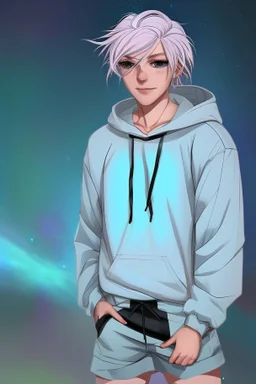 A an androgynous young man with tousled pink hair and golden eyes floating among the stars wearing a light blue hoodie and black board shorts. He is smiling softly and holding a star in one hand.
