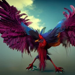 bird like creature, wings, feathers, another dimension, epic, big, beautiful, attractive, colourful, carnivore, double bodyparts, deep colours, 8k resolution, dynamic lighting,ultra hyperdetailed, intricately detailed, Unreal Engine 5