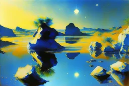 blue exoplanet in the sky, water reflection, rocks, vegetation, lesser ury painting