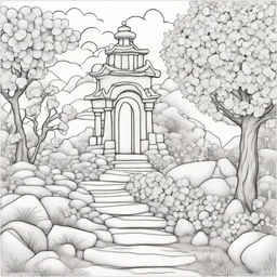 coloring page of Spring blossoms ,line art landscape,stones,flowers,trees, much detailswhite background,vector --ar 2:3