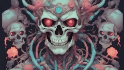 a close up of a person with a skull on their head, anime skull portrait man, scary detailed art in color, hiroyuki-mitsume takahashi, nychos art aesthetic, half man half skeleton, anime cyberpunk art, colored manga art, rossdraws pastel vibrant, hot colors. insanely detailed, beautiful anime portrait, stunning anime face portrait, scary art in color