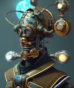 evil mechanical person with a steampunk theme, realistic