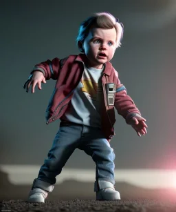 Marty mcfly toddler, full body, delorean, dramatic lighting, hyper realistic