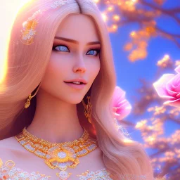 Beautyful smiling young woman, long hair amazing blue eyes, flowers, happy cosmic, bright colors, blue, pink, gold, jewels, realistic, photo real, clear sunny background, highly detailed, high contrast, 8k high definition, unreal engine 5, extremely sharp detail, light effect, sunny light background