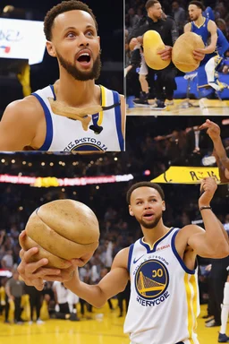 confused steph curry holding a potato instead of a basketball