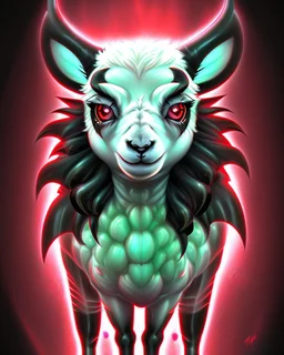 Comic book art style black lamb with red eyes, contrasting green meadow, cartoonist, digital portrait, dark fantasy, black iridescent skin, holographic, shiny, PVC texture, wet look, anime, gothic