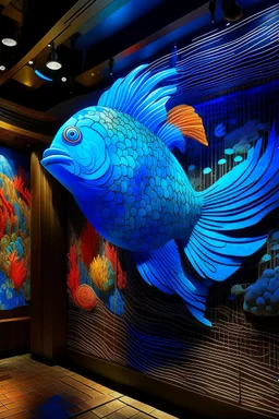 Project dynamic visuals of Mandarin Fish swimming and interacting with the textile elements onto the walls and hanging sculptures. Ensure that the projections seamlessly integrate with the textile materials to create a cohesive visual experience.