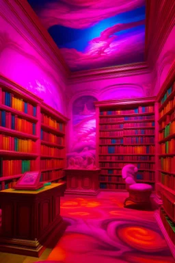 A magenta psychedelics library with telekinetic books painted by Michelangelo di Lodovico Buonarroti Simoni