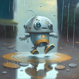 A fantasy painting of a cute robot in galoshes jumping in a puddle on a wet, rainy day