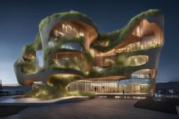 city,biophilic,wood,building,sea,night,coast,amorph building,futuristic,organic,lichen