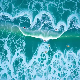 Create an image of a large, vibrant green wave in the ocean with intricate patterns formed by foam. Include multiple surfers riding the wave, capturing the dynamic movement of water and the excitement of surfing.