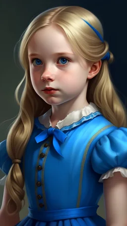 A realistic portrait of Alice: The seven-year-old protagonist of the story. Alice is curious, adventurous, and polite. She has long blonde hair, blue eyes, and wears a blue dress with a white apron.