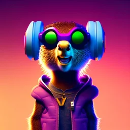 pixar style anamorphic cute marmot baby, smiling, cyberpunk headphone, sunglass, gangsta gold neckless, full body, magenta puffer jacket, manila city backdrop, dramatic lighting, hyper realistic, unreal engine 5, 16k