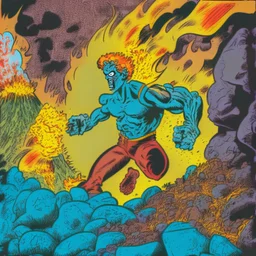 Un ladrón con poderes de telequinesia en un fondo de lava y volcán dibujado en un estilo de comic de 1980