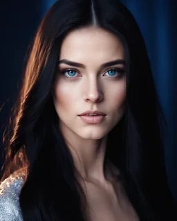 portrait of an very pretty 19 year old woman with long black hair and sapphire blue eyes. Photorealistic. dark romance. 8k