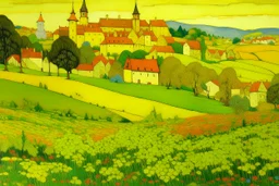 A golden yellow town with spring flowers on a hill painted by Piet Mondrian