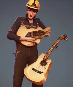 Elvis playing guitar in a hardhat and overalls