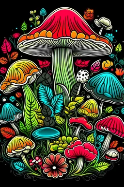 The cover of the “ mushroom” is a lively and colorful cover that includes friendly characters Hibiscus mushroom , Coloring page for baby kids, cute flowers lines, feathers, clean line art, fine line art, black background