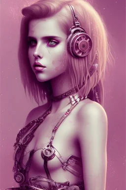 Danish Singer MØ cute in style steampunk, pink tones, high lighting