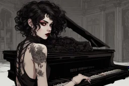 scarred cyberpunk vampire girl with tribal tattoos short curly dark cyberpunk hair playing a grand piano in the library of a decaying gothic mansion at midnight