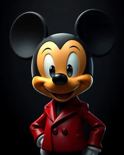 digital artwork featuring an anthropomorphic character resembling Mickey centered in the frame and facing forward. The character has a classic Mickey Mouse head with large, round black ears, a smooth black face with a vibrant orange-yellow cheek, large shiny white eyes with black pupils, and a prominent black nose. The character's expression is a friendly smile, but the overall mood is dark and intense. It wears a sleek, glossy crimson red suit jacket with two visible buttons, a well-fitted brea