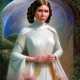 hyperspace background, complete and photo realistic detailed head to waist stunning photo realistic portrait of young carrie fisher as Princess Leia in star wars with photo realistic hairstyle by Mandy Jurgens and mucha and Richard Schmid and chuck close and chie yoshii, extraordinary and detailed ceremony dress of star wars,brown eyes