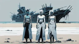 ((three)) determined cyberpunk women (wearing white khiton) standing in front of a boat wreck on a radioactive beach, acrylic painting, minimal art, centered, wild sparse brushstrokes, amazing verticals, great parallels, low bleak colors of gray, blue and black, excellent negative space contrasts