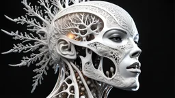 3D rendering of Expressively detailed and intricate of a hyperrealistic “white human vuscular”: glossy white, showing vuscular, side view, scientific, single object, black background, shamanism, octane render, 8k post-production, detailled metalic bones, dendritic, artstation: award-winning: professional portrait: atmospheric: commanding: fantastical: clarity: 16k: ultra quality: striking: brilliance: stunning colors: amazing depth