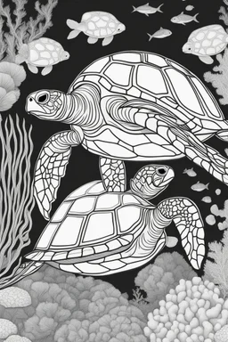 STRESS RELIEF coloring page for adult, A serene underwater world with gliding sea turtles and coral, cartoon style, thick outline, low details, no shading, no color