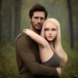 A photo realistic portrait of a stunning blonde girl and a handsome muscular dark haired man in a lovers embrace standing in a forrest